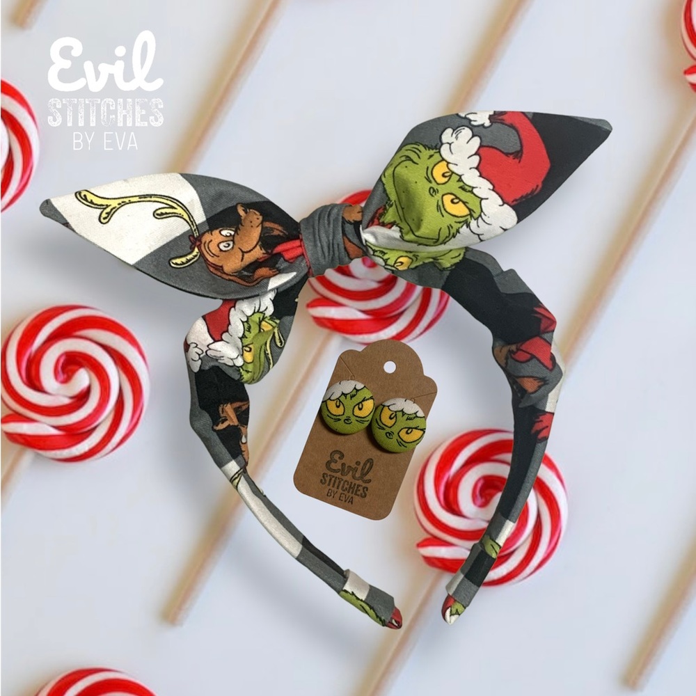 Grinch Inspired Knotted Bow Headband and Fabric Button Earrings
